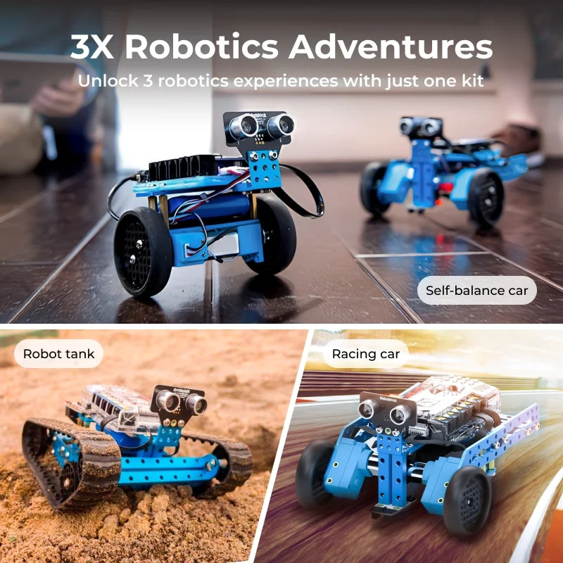 mBot Ranger en sus montajes de tanque con orugas, coche y robot de equilibrio.