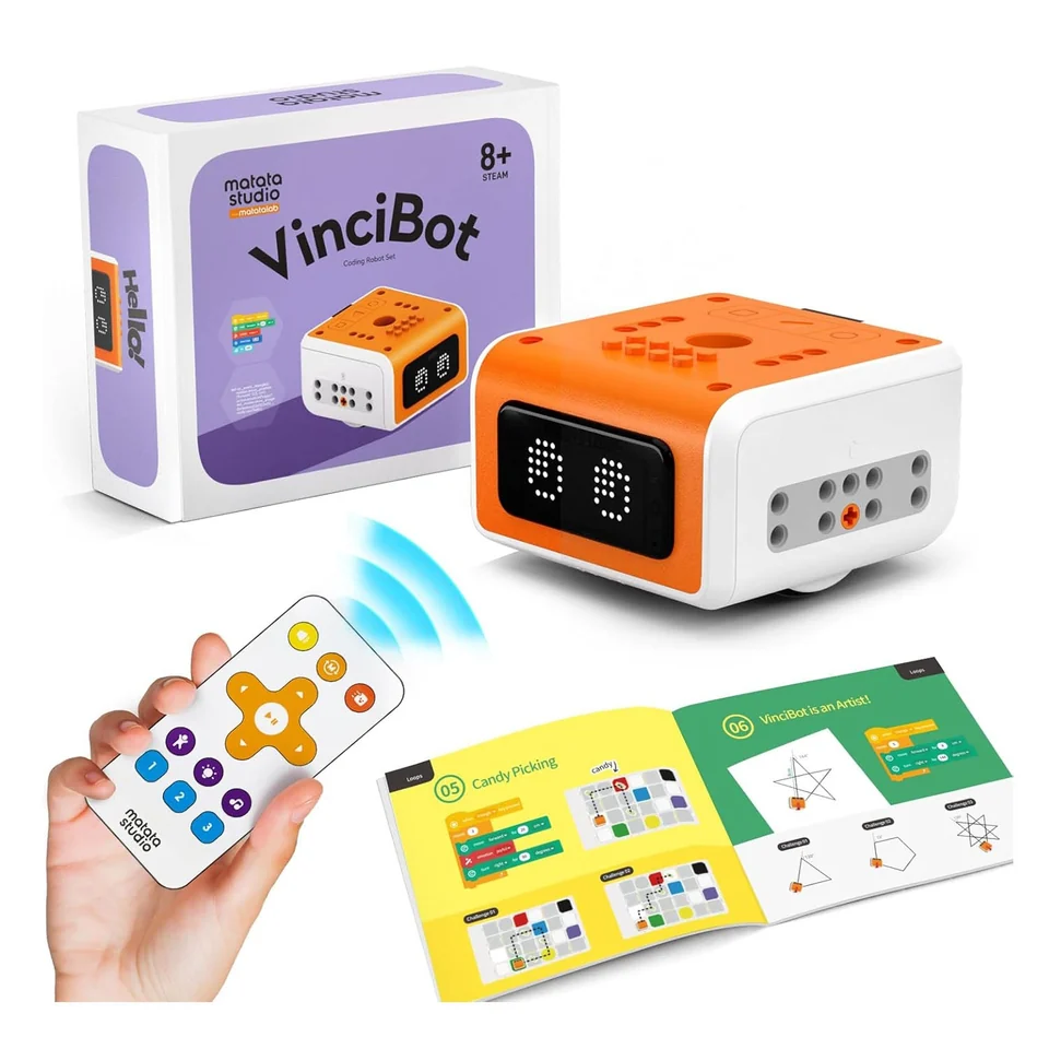 VinciBot con mando y materiales de presentación.