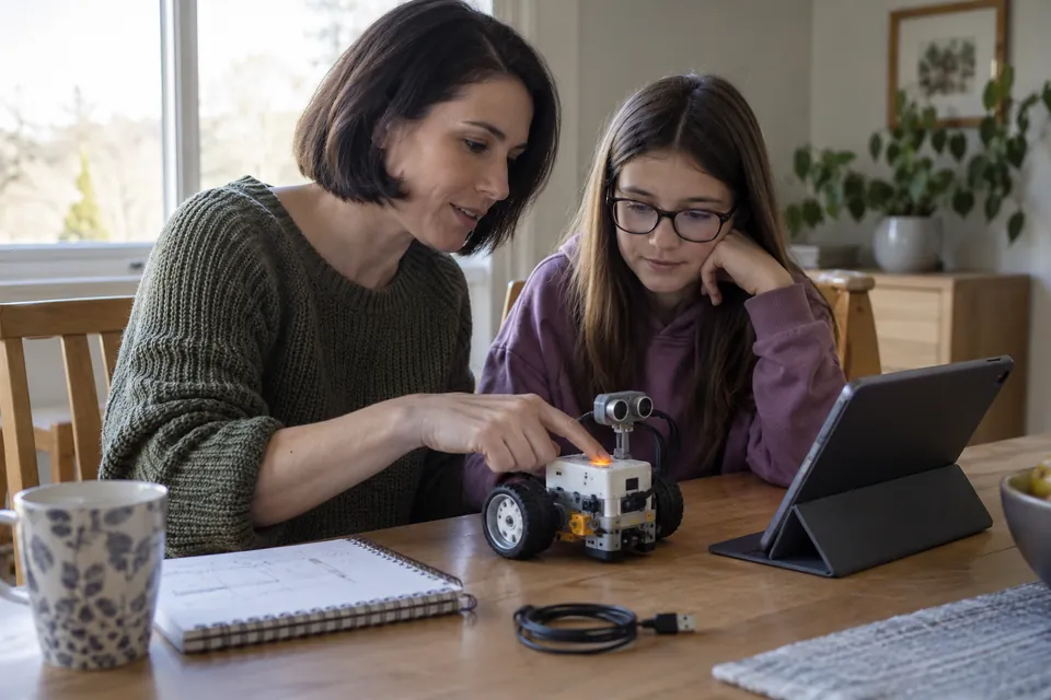 Una madre y su hija comprueban un robot junto a una tableta y un cable USB.