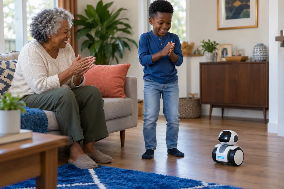 Una abuela y su nieto marcan un ritmo con palmas mientras observan un robot en el suelo.