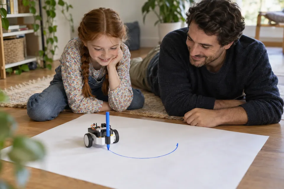 Una niña y su padre observan un robot de dibujo trazando una línea azul sobre papel.