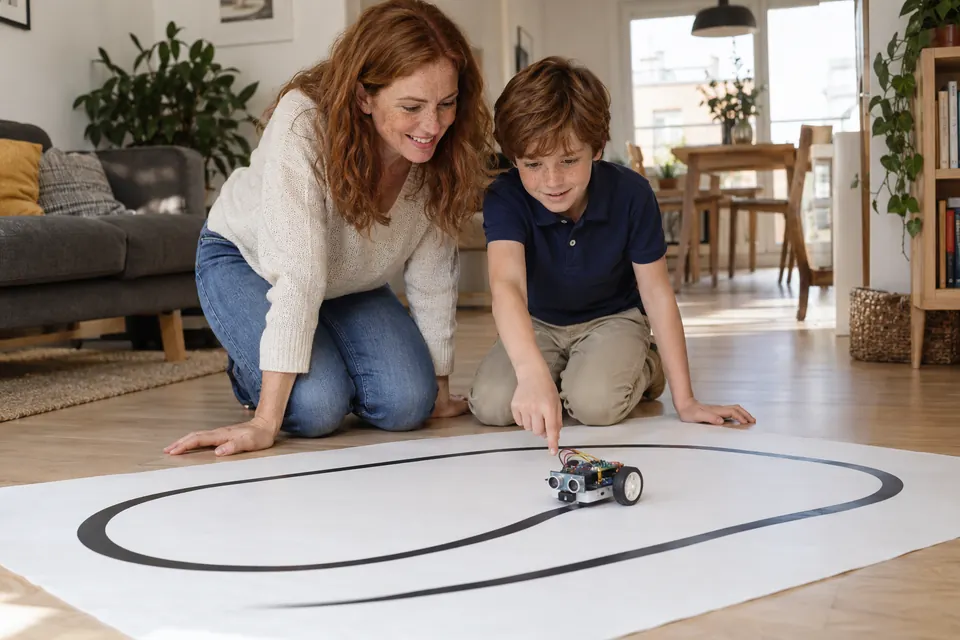 Una madre y su hijo observan un robot sobre un circuito de línea negra.