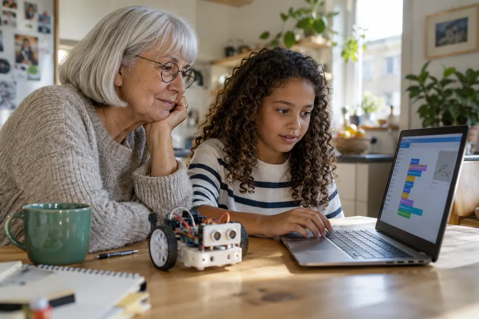 Una abuela y su nieta trabajan con un portátil y un robot en la mesa.