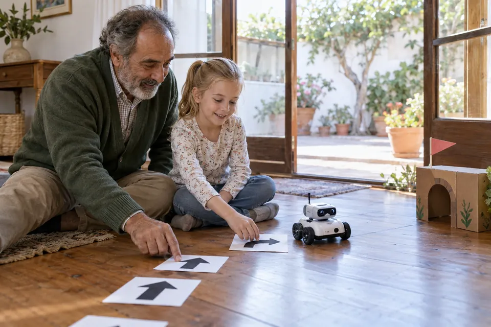 Un abuelo y su nieta preparan tarjetas de flechas junto a un robot.