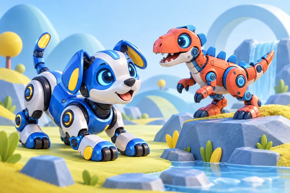 Ilustración de un perro robot y un dinosaurio robot.