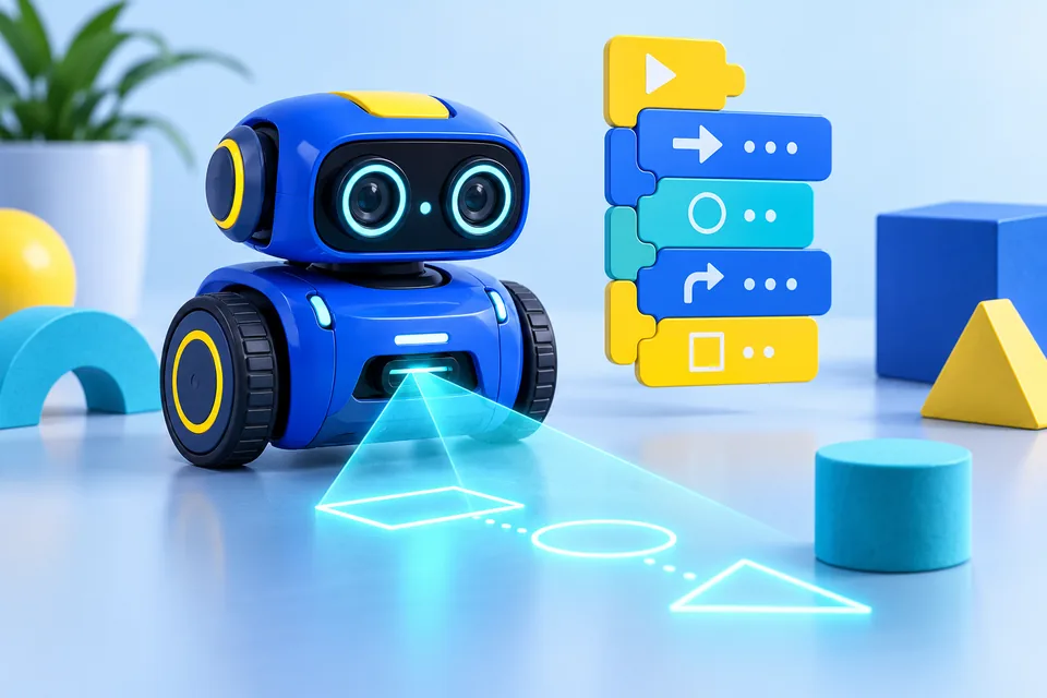 Ilustración de un robot programable explorando con sensores.