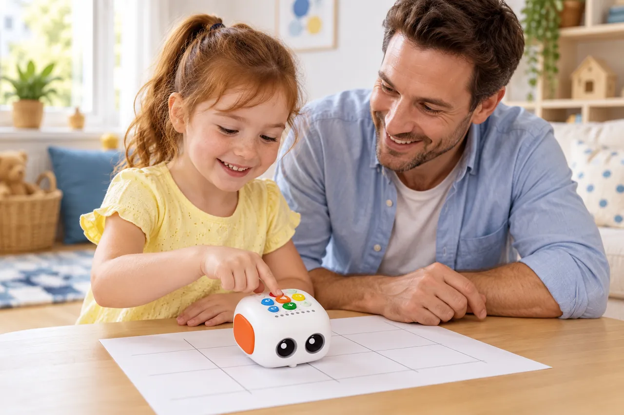 Escena ilustrativa: Una niña introduce órdenes con los botones de Tale-Bot Pro junto a su padre.